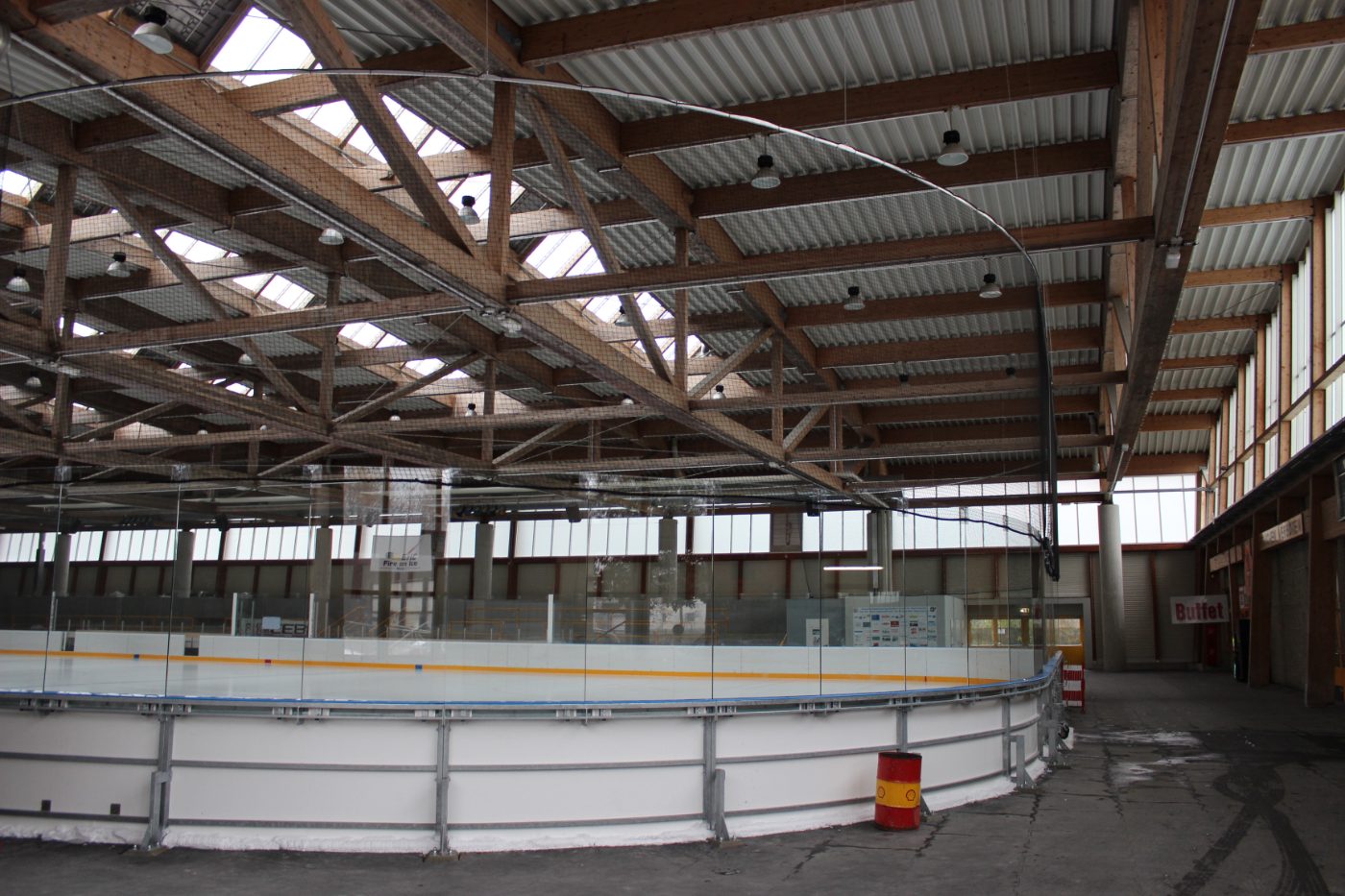 Overhead protective netting above arena boards