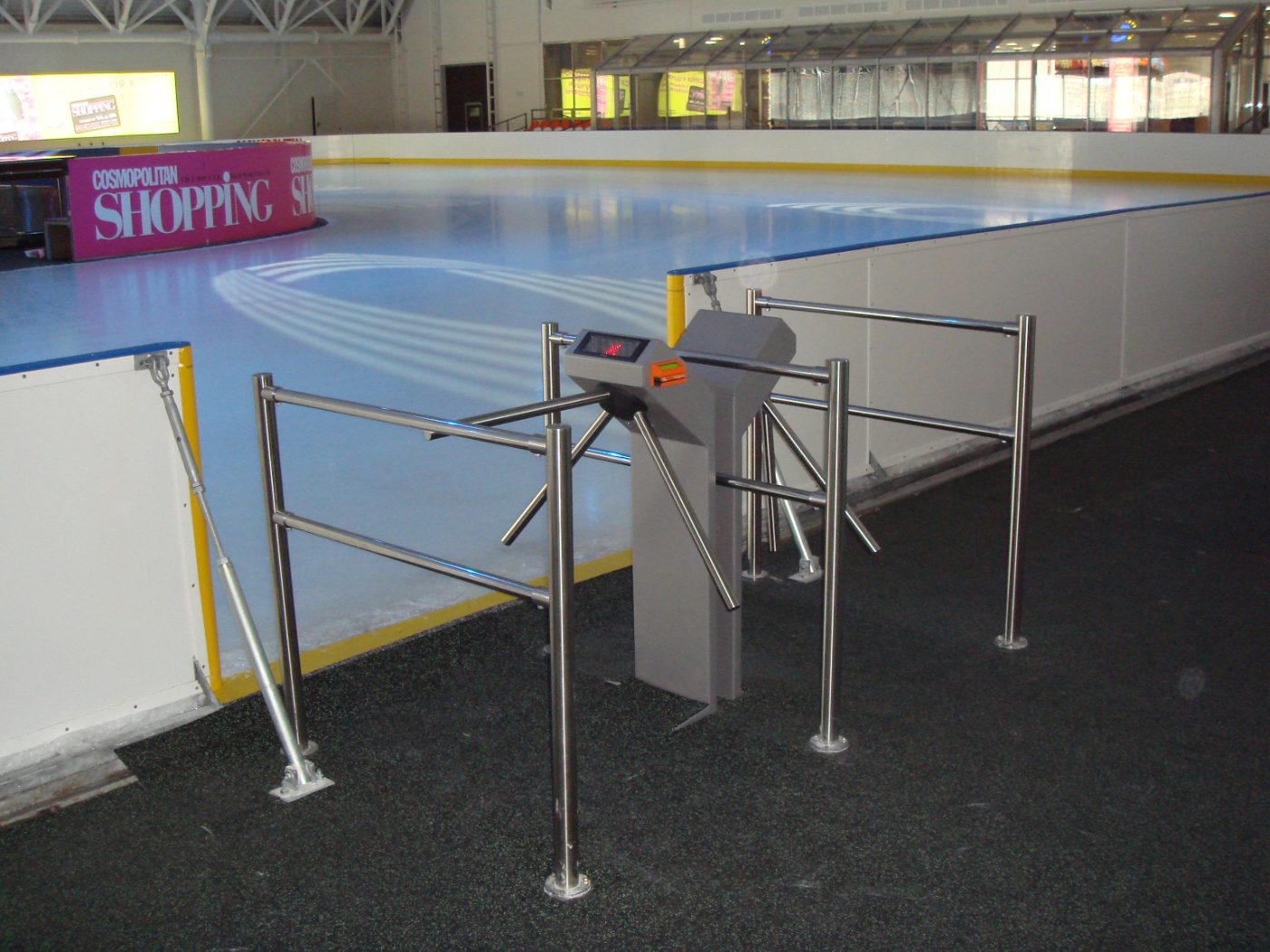 Mall rink with custom entry turnstile and sponsor advertising