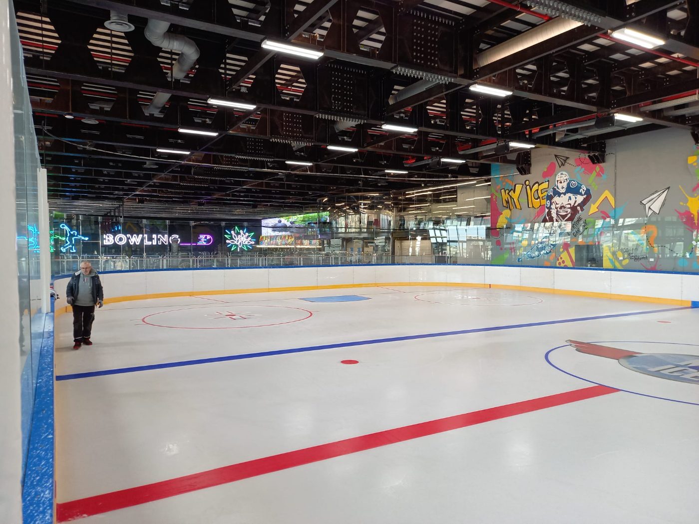 Custom indoor rink with mural and integrated dasherboard system