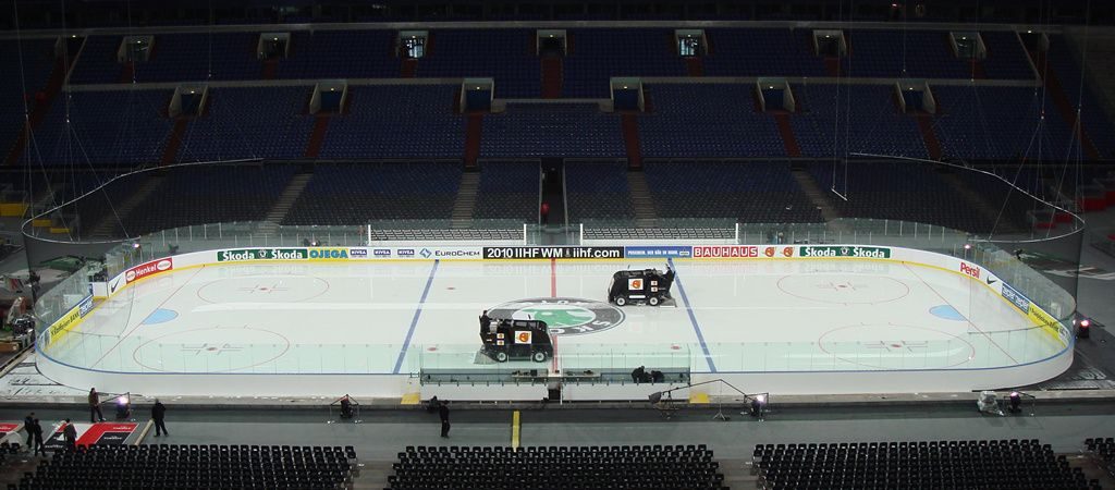 Indoor ice hockey arena with full dasherboard ring